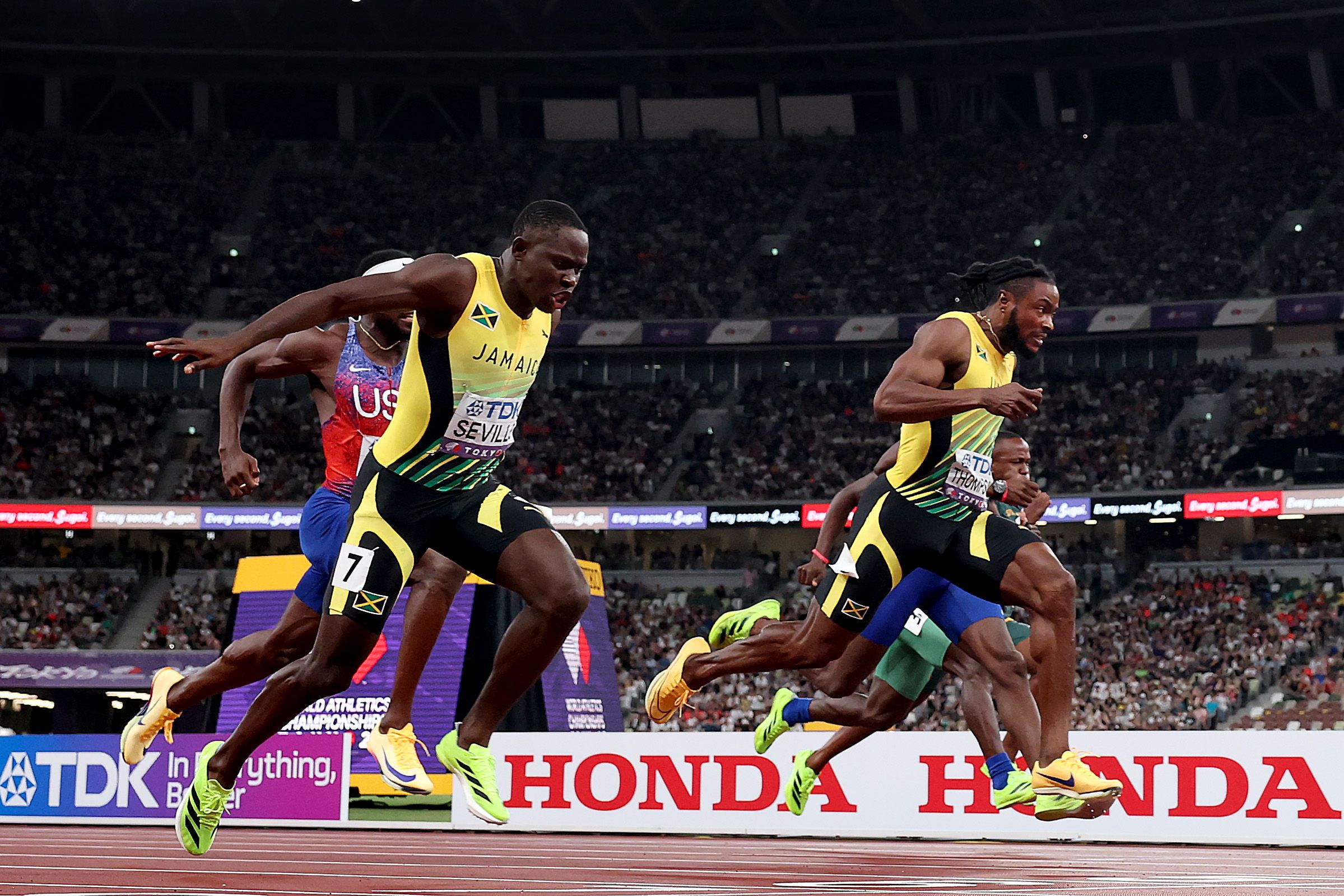 Oblique Seville and Kishane Thompson in the 100m final at the World Athletics Championships Tokyo 25